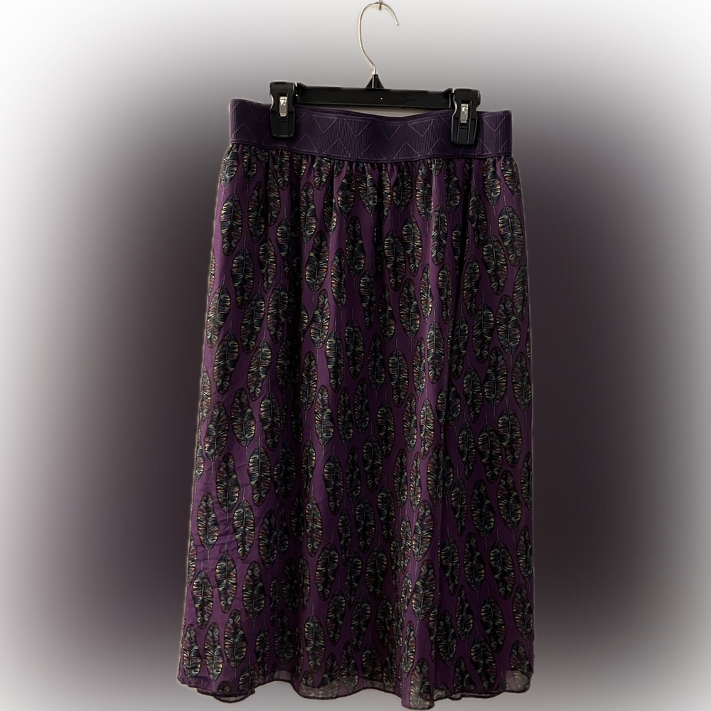 LuLaRoe Black and Purple w Colorful Feathers Midi A-Line Skirt